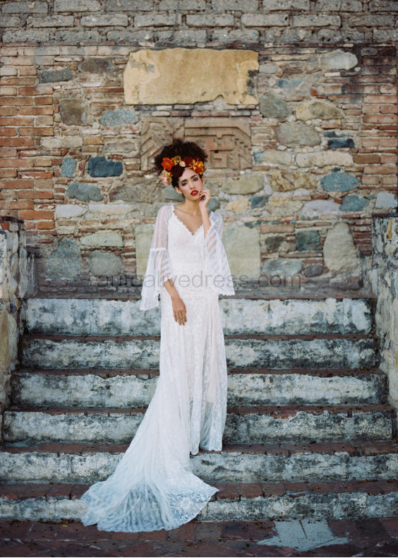 Sheer Bell Sleeve Ivory Lace Keyhole Back Wedding Dress